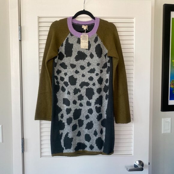 NWT Hem & Thread Callum Knit Mini Dress, Olive Purple Gray Leopard, Size S - Picture 1 of 6